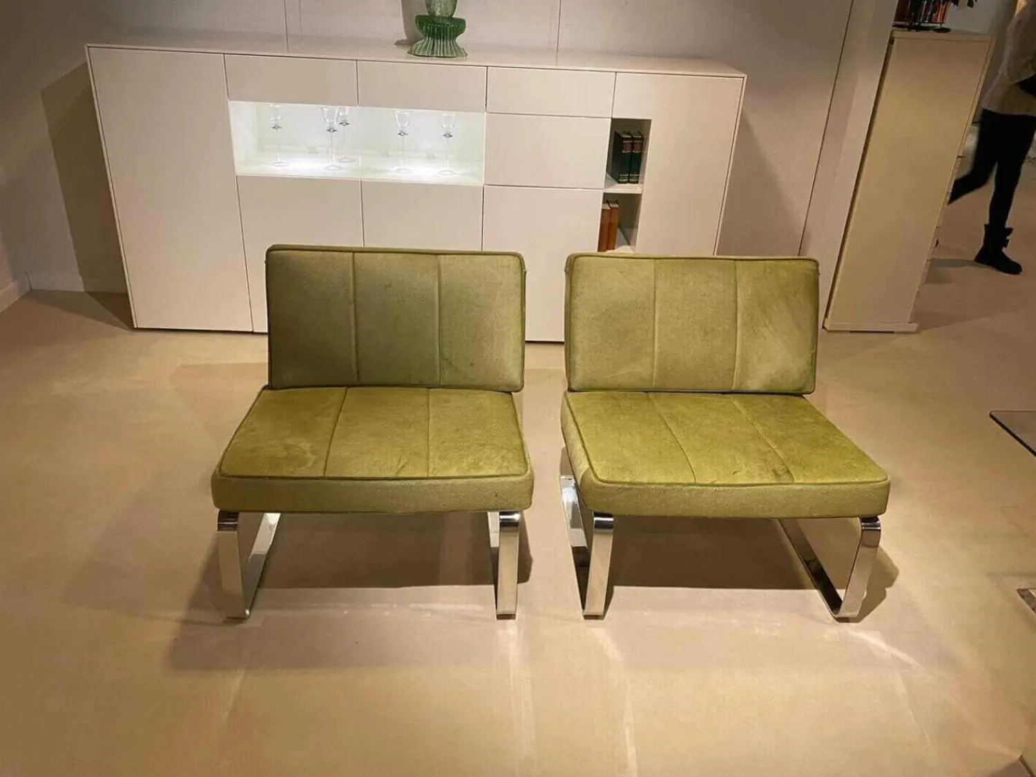 Turri Relaxsessel|Sessel Bridge Stoff Roßhaar Grün Gestell Edelstahl Poliert