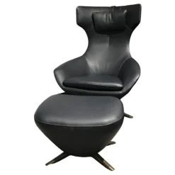 Leolux Loungesessel|Sessel Caruzzo Leder Raffino Dragonfly Schwarz mit Hocker und Kopfkissen