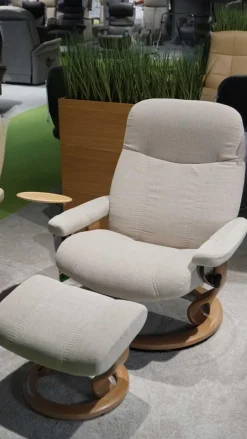 Stressless Relaxsessel|Sessel Consul L Stoff Daisy Sand Beige Gestell Classic Eiche Gebeizt Inklusive Hocker