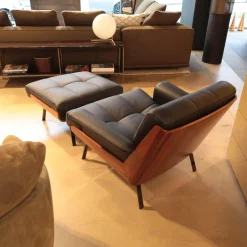 Minotti Loungesessel|Sessel Daiki Daip88ps Leder Aspen 01 Carbone Pelle Nature Schwarz Schale Palisander Mit Hocker