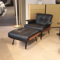 Minotti Loungesessel|Sessel Daiki Daip88ps Leder Aspen 01 Carbone Pelle Nature Schwarz Schale Palisander Mit Hocker