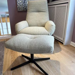 Bielefelder Werkstätten Loungesessel|Relaxsessel|Sessel Daron Bezug Korpus Leder Normandie Torf Braun Kissen Stoff Queen 1775-232 Grau Gestell Bronze Matt mit Hocker