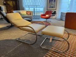 Tecta Loungesessel|Sessel D35-II Leder II Bianco Weiß Creme Naturrohr Geflecht Braun Gestell Stahl Chrom Mit Hocker