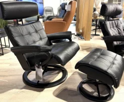 Stressless Relaxsessel|Sessel Erik L Leder Cori Black Schwarz Gestell Signature Metall Schwarz Matt Inklusive Hocker