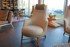 Flexform Loungesessel|Sessel Guscioalto Außen Leder Pelle 616 Braun Innen Stoff Empire 896 Beige Gestell Nussbaum Canaletto