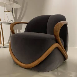 Giorgetti Loungesessel|Sessel Hug Stoff Adamo&Eva 107 Antracite Gestell Nussbaumholz Dunkel Gebeizt