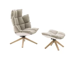 B&B Italia Relaxsessel|Sessel Husk Stoff Segeltuch Asolo Bastfarben Beige Schale Kunststoff Weiß Gestell Eiche Hell Gebürstet Mit Hocker