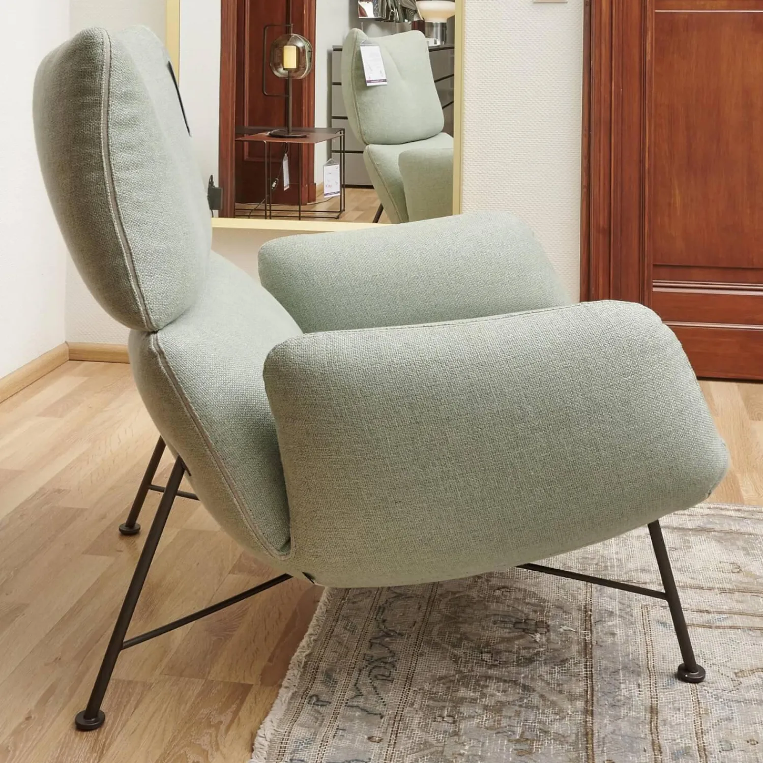 COR Loungesessel|Sessel Jalis Lounge Stoff 8305 Mintgrün Grün Grau Drahtgestell F01 Schwarzbraun Inklusive Hocker