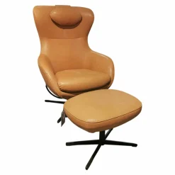 Signet Relaxsessel|Sessel Jester Leder Rancho Brandy Hellbraun Gestell Schwarz Pulverbeschichtet mit Hocker