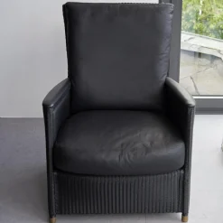 Accente Loungesessel|Sessel Leder Schwarz Fuß Holz Mit Messingabschluss