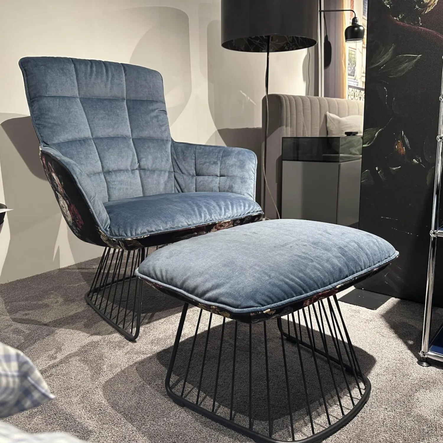 Freifrau Relaxsessel|Sessel Marla Easy Chair High Rücken Stoff Gobelin Eden Blumenmuster Sitz Stoff Smart Arctique 05 Blau Mit Hocker