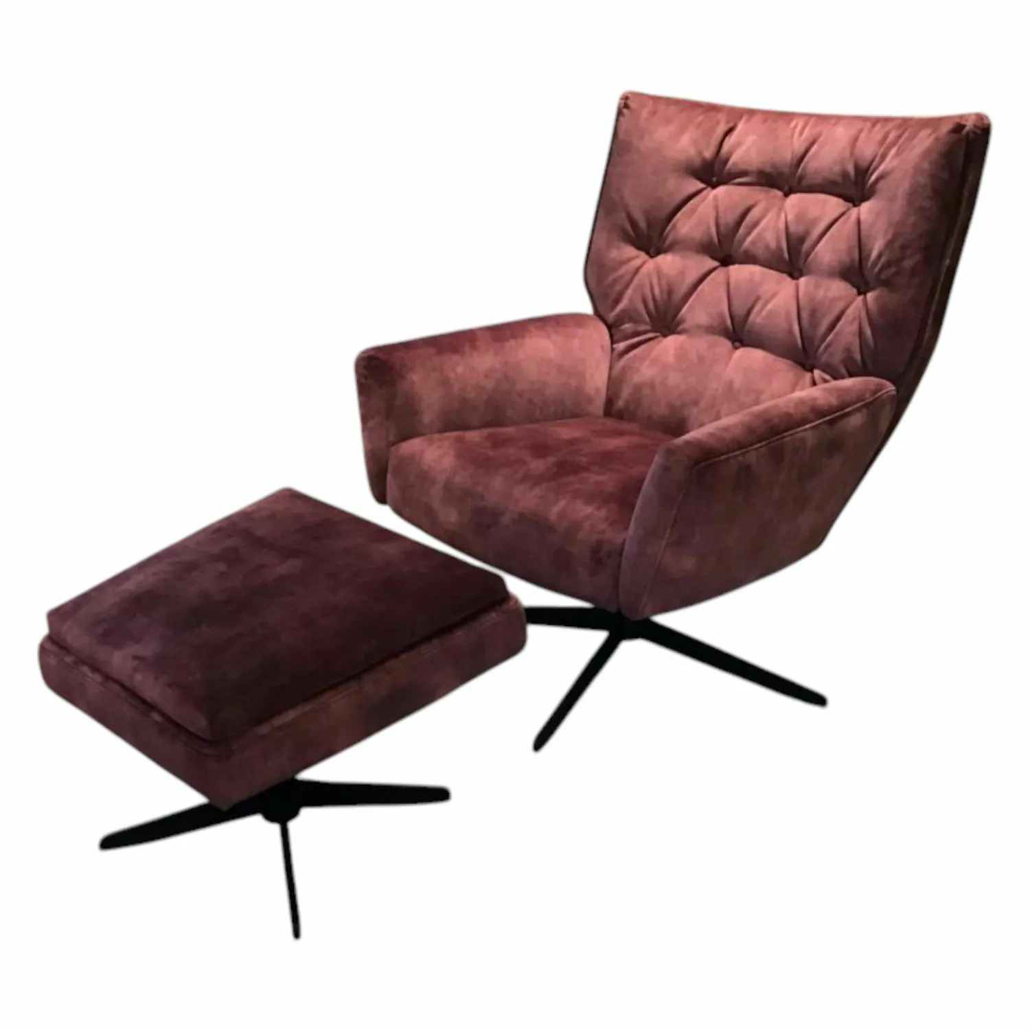 Comfort Republic Loungesessel|Sessel Maximilian Stoff Ispra Winered Rot Kreuzfuß Metall Schwarz Mit Hocker