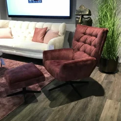 Comfort Republic Loungesessel|Sessel Maximilian Stoff Ispra Winered Rot Kreuzfuß Metall Schwarz Mit Hocker