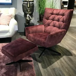Comfort Republic Loungesessel|Sessel Maximilian Stoff Ispra Winered Rot Kreuzfuß Metall Schwarz Mit Hocker