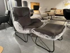 Paul Lindberg Loungesessel|Sessel Minu Sitzfläche Leder Elegance Anthrazit Rücken Webpelzbezug Eisbär Grey Grau Füße Schwarz Pulverbeschichtet Mit Hocker