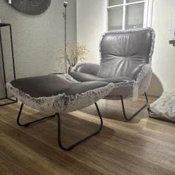 Paul Lindberg Loungesessel|Sessel Minu Sitzfläche Leder Elegance Anthrazit Rücken Webpelzbezug Eisbär Grey Grau Füße Schwarz Pulverbeschichtet Mit Hocker