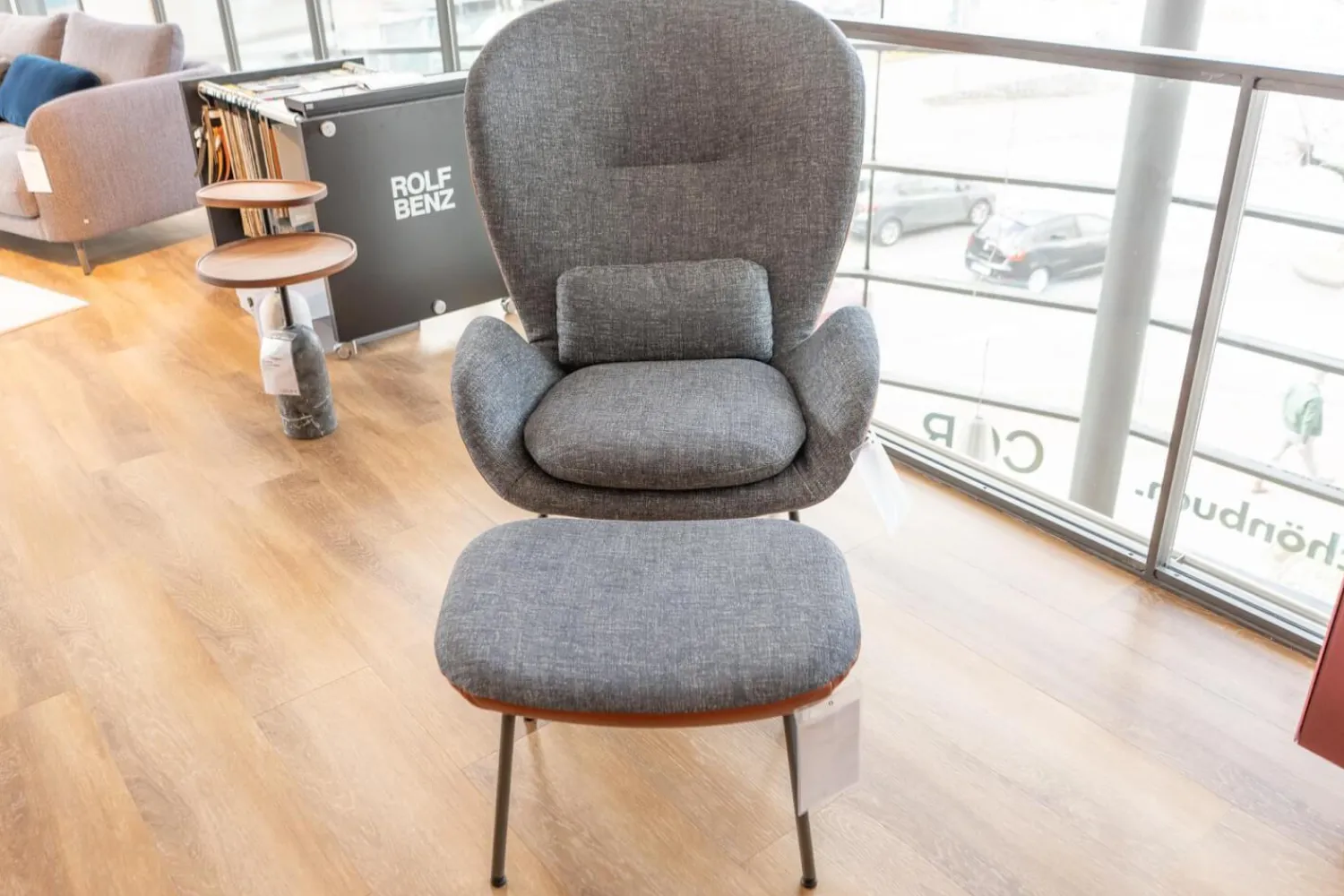 Rolf Benz Loungesessel|Sessel Mit Hocker 594 Bezug Stoff 17 048 Stahlblau Graublau Hinten Leder 38 112 Kupferbraun Gestell Vierfuß Stahl Glatt Umbragrau Grau Mit Kissen