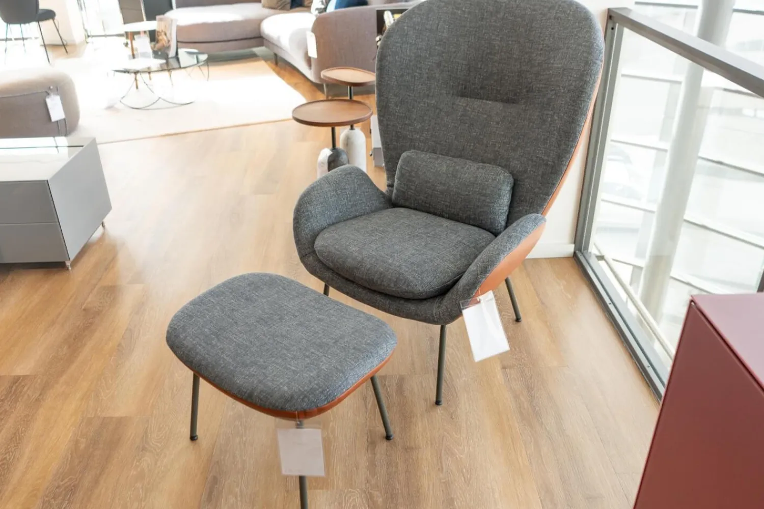 Rolf Benz Loungesessel|Sessel Mit Hocker 594 Bezug Stoff 17 048 Stahlblau Graublau Hinten Leder 38 112 Kupferbraun Gestell Vierfuß Stahl Glatt Umbragrau Grau Mit Kissen