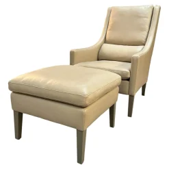 Werther Fernsehsessel|Sessel Mit Hocker Credo Bezug Leder Grain L7067C Beige Creme Holzfüße