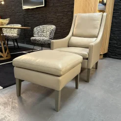Werther Fernsehsessel|Sessel Mit Hocker Credo Bezug Leder Grain L7067C Beige Creme Holzfüße