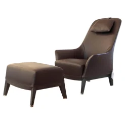 Giorgetti Loungesessel|Sessel Normal Leder 2212 Dunkelbraun Gestell Buche Matt Gebeizt Inklusive Hocker Und Kopfkissen