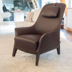 Giorgetti Loungesessel|Sessel Normal Leder 2212 Dunkelbraun Gestell Buche Matt Gebeizt Inklusive Hocker Und Kopfkissen
