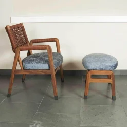 Flexform Relaxsessel|Sessel Ortiga Stoff Timo Blau Gestell Canaletto Nussbaum Leder Kordel Tabak mit Hocker