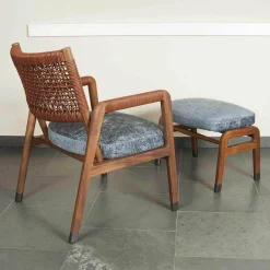 Flexform Relaxsessel|Sessel Ortiga Stoff Timo Blau Gestell Canaletto Nussbaum Leder Kordel Tabak mit Hocker