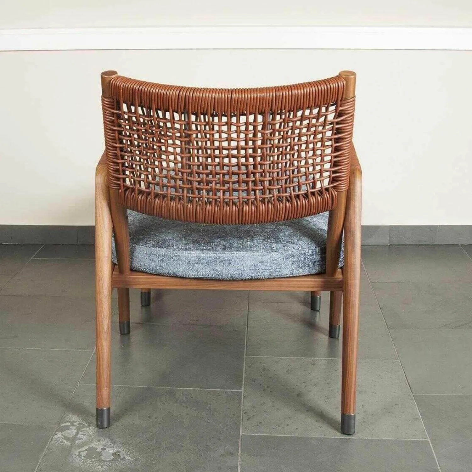 Flexform Relaxsessel|Sessel Ortiga Stoff Timo Blau Gestell Canaletto Nussbaum Leder Kordel Tabak mit Hocker