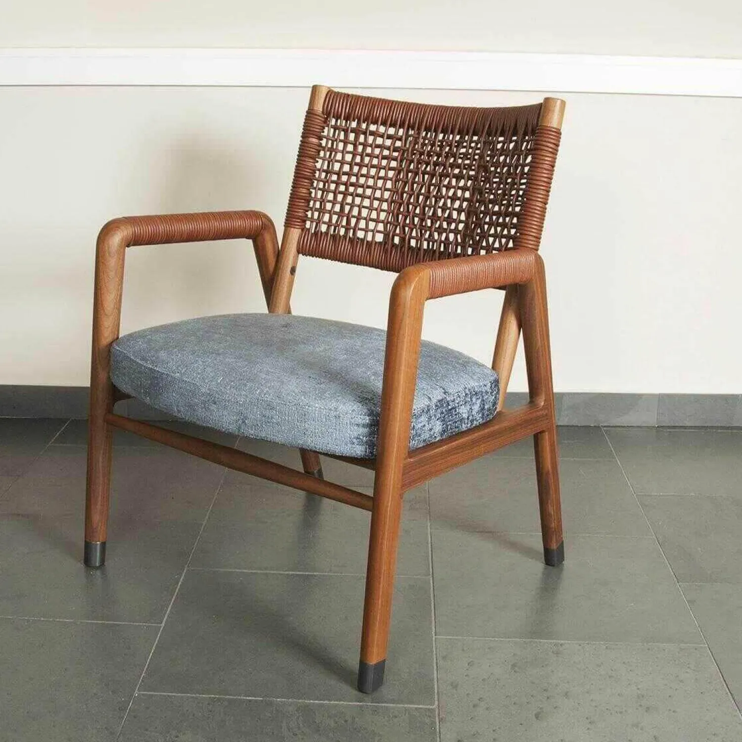 Flexform Relaxsessel|Sessel Ortiga Stoff Timo Blau Gestell Canaletto Nussbaum Leder Kordel Tabak mit Hocker