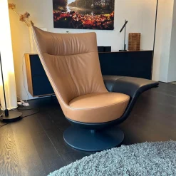 FSM Loungesessel|Sessel PLI Leder T35 Cuoio Braun Drehteller Schwarz Matt Mit Beinauflage Leder T49 Espresso Dunkelbraun