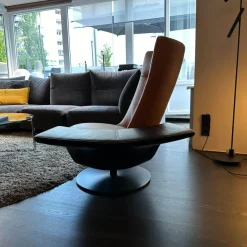 FSM Loungesessel|Sessel PLI Leder T35 Cuoio Braun Drehteller Schwarz Matt Mit Beinauflage Leder T49 Espresso Dunkelbraun