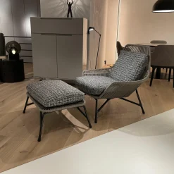 Minotti Relaxsessel|Sessel Prince Cord Stoff H Freedom 01 Cenere Grau Ledergeflecht Tortora Dove Grey Beige Gestell Aluminium Zinn Lackiert Mit Hocker
