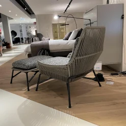 Minotti Relaxsessel|Sessel Prince Cord Stoff H Freedom 01 Cenere Grau Ledergeflecht Tortora Dove Grey Beige Gestell Aluminium Zinn Lackiert Mit Hocker