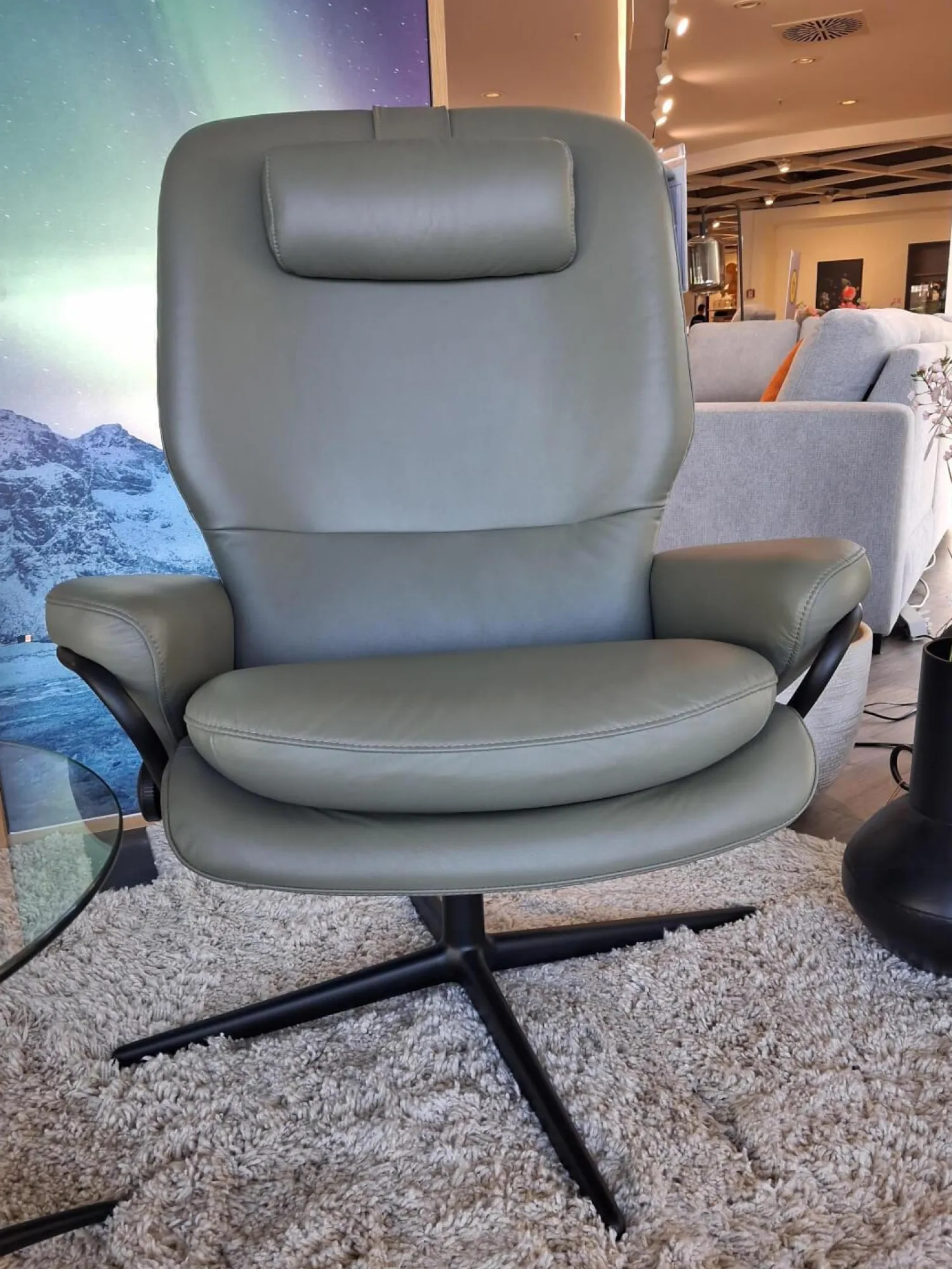 Stressless Relaxsessel|Sessel Rome M Leder Paloma Shadow Green Grün Grau Gestell Cross Schwarz Matt Mit Hocker