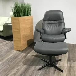 Stressless Relaxsessel|Sessel Sunrise Cross Leder Batick Grey Metall Schwarz mit Hocker