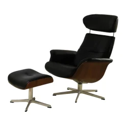 Conform Loungesessel|Sessel Time Out 6003 Leder 2514 89 Fantasy Black Schwarz Sitzschale Walnuss Fuß Aluminium Mit Hocker