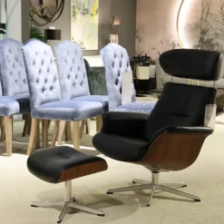 Conform Loungesessel|Sessel Time Out 6003 Leder 2514 89 Fantasy Black Schwarz Sitzschale Walnuss Fuß Aluminium Mit Hocker