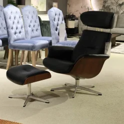 Conform Loungesessel|Sessel Time Out 6003 Leder 2514 89 Fantasy Black Schwarz Sitzschale Walnuss Fuß Aluminium Mit Hocker