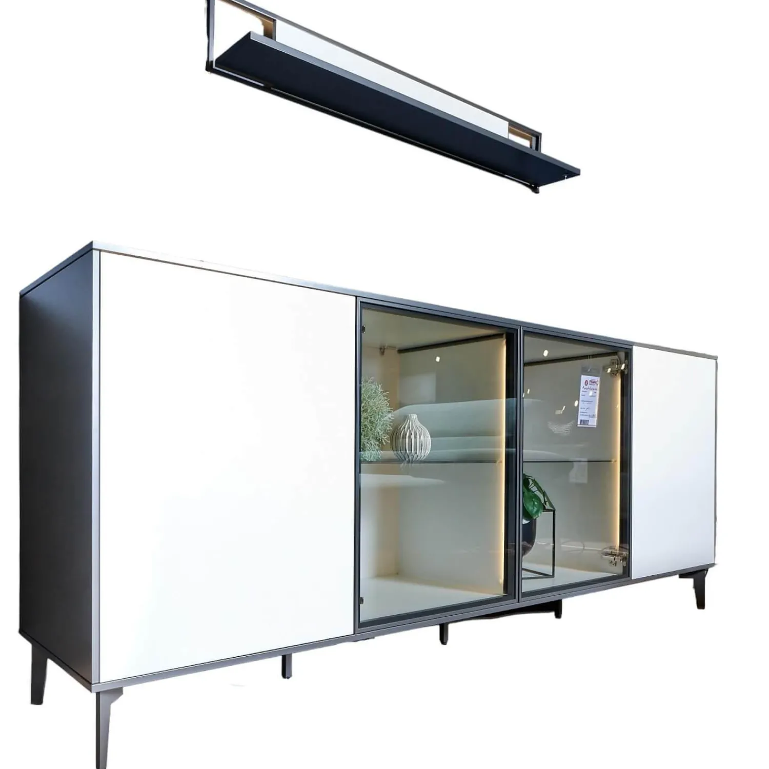 Die Hausmarke Kommoden & Sideboards|Sideboard 2107 Mattlack Quarzgrau Und Schieferschwarz Vitrineneinsatz Polarweiß Weiß Designfuß Schiefer Grau Mit Beleuchtung