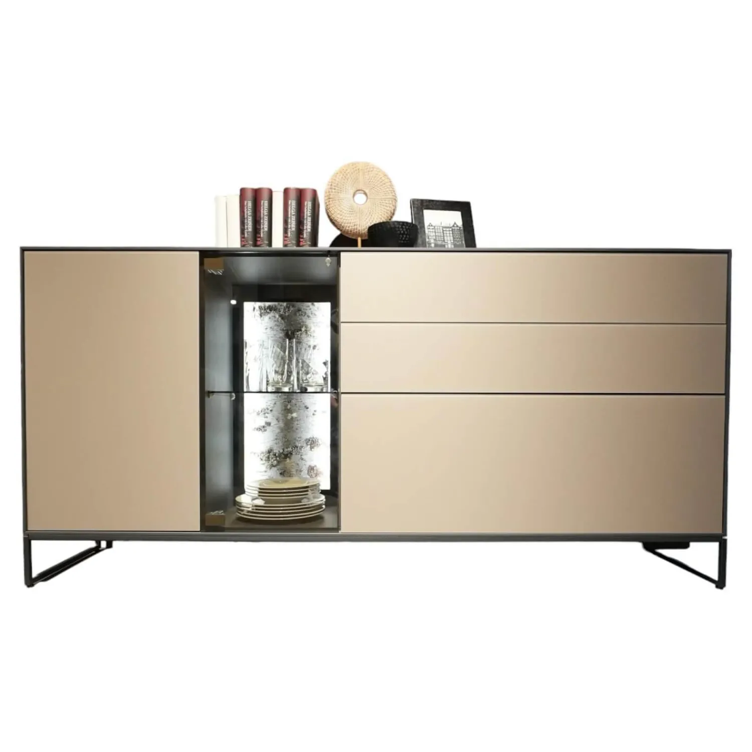Hartmann Kommoden & Sideboards|Sideboard Alva Kernbirke Massiv Harmaa Mit Vitrinen Beleuchtung Kufen 3110W 1191 Schwarz
