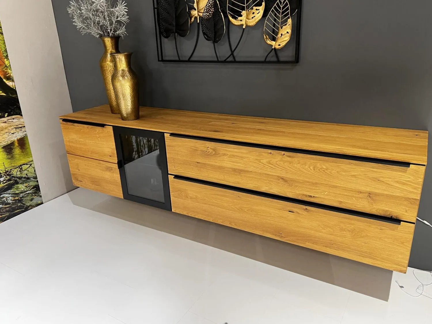 WK Wohnen Kommoden & Sideboards|Sideboard Baristo WK 490 Hängend Asteiche Natur Rahmen Metall Schwarz Mit Beleuchtung