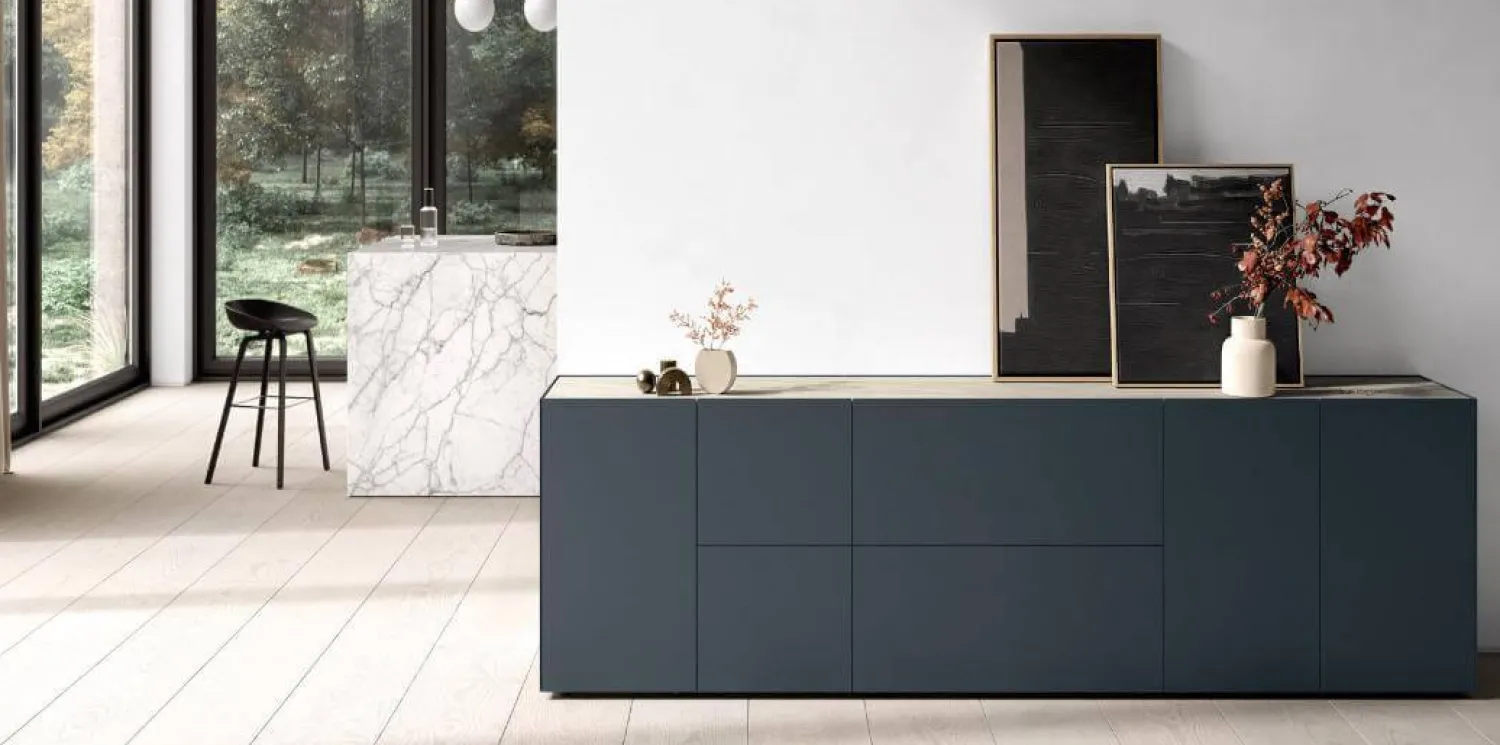 Interlübke Kommoden & Sideboards|Sideboard Cube Light Lack Atlantik mit Abdeckplatte Quarzit Taj Mahal und Hintergrundbeleuchtung