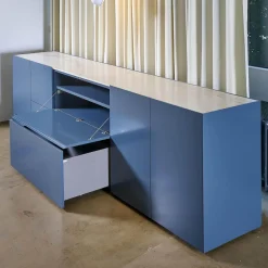 Interlübke Kommoden & Sideboards|Sideboard Cube Light Lack Atlantik mit Abdeckplatte Quarzit Taj Mahal und Hintergrundbeleuchtung