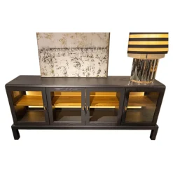 Form Exclusiv Kommoden & Sideboards|Sideboard Hampton Eiche Anthrazit Gebeizt Türen Klarglas 3 Einlegeböden Griff Leder braunEiche Natur