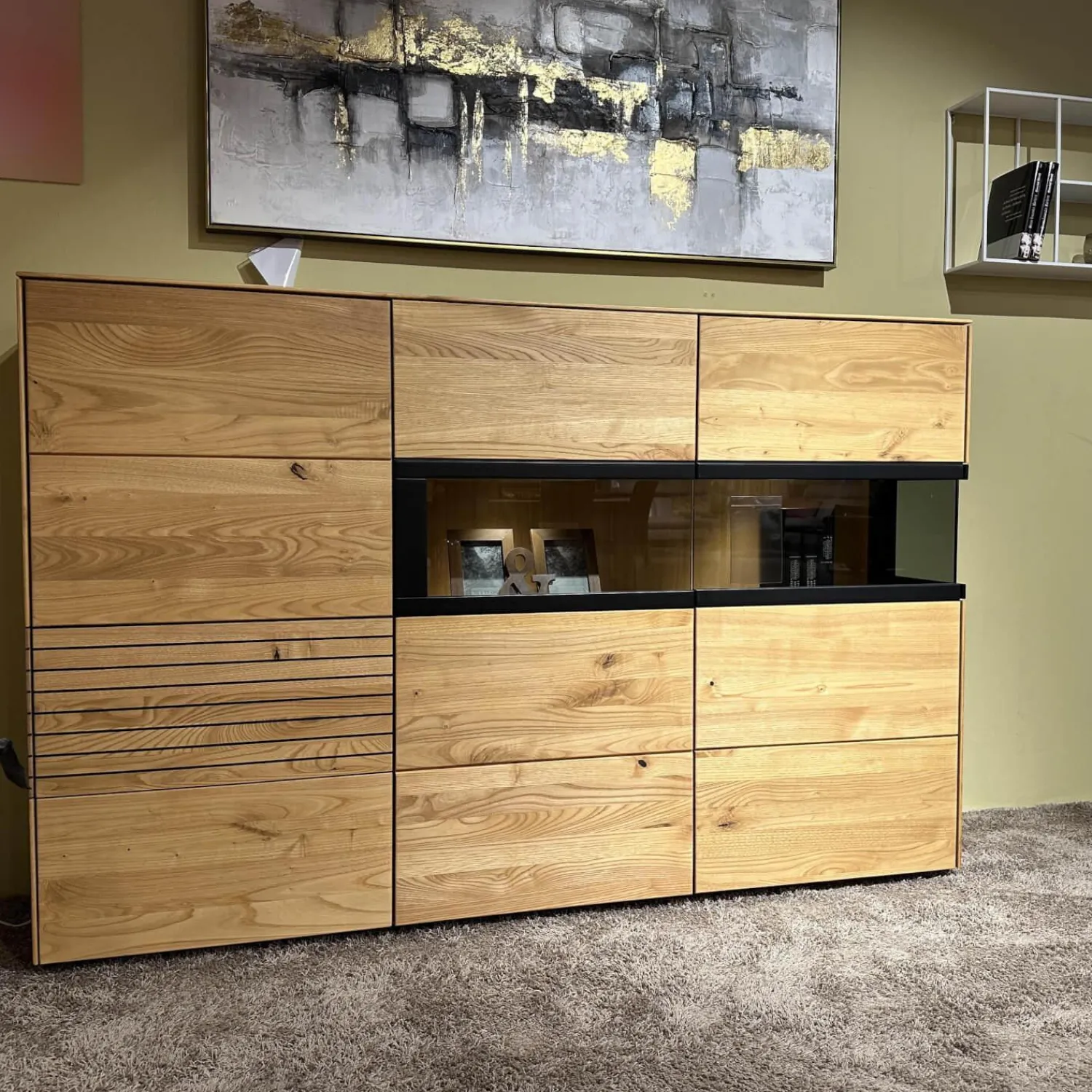 Decker Kommoden & Sideboards|Sideboard Kulma Astkastanie Massiv Natur Geölt Astfüller Schwarz Akzent Rillenoptik Mit Beleuchtung