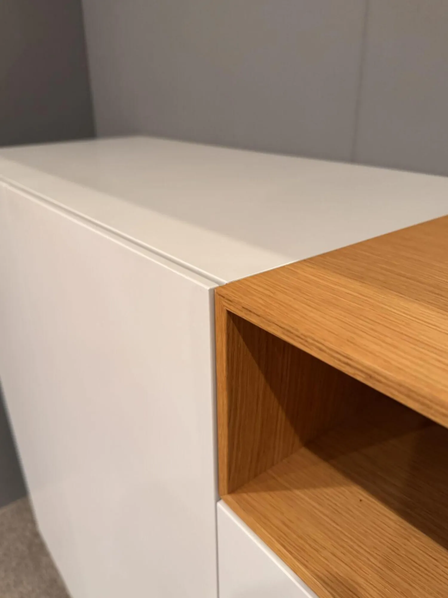 Schönbuch Kommoden & Sideboards|Sideboard Lack Basisfarbe Grau Weiß Offenes Element Eiche Natur Geölt Mit 2 Türen Und 4 Schubkästen