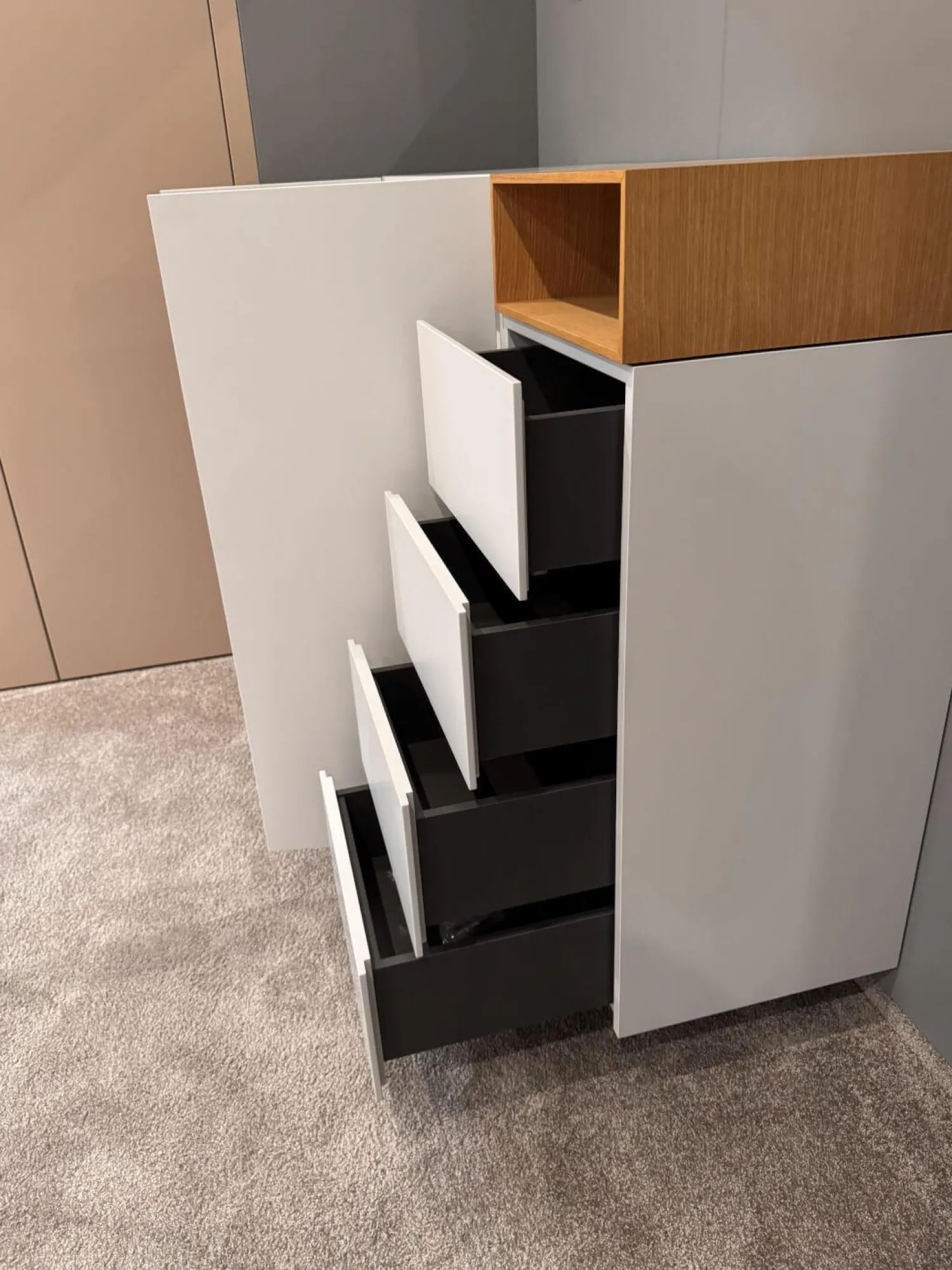 Schönbuch Kommoden & Sideboards|Sideboard Lack Basisfarbe Grau Weiß Offenes Element Eiche Natur Geölt Mit 2 Türen Und 4 Schubkästen