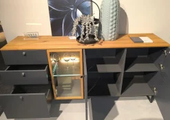 Niehoff Kommoden & Sideboards|Sideboard Lugano Front Und Korpus 096 Lack Quarzgrau Grau Oberboden Eiche Massiv Gestell Eisen Schwarz Mit Beleuchtung