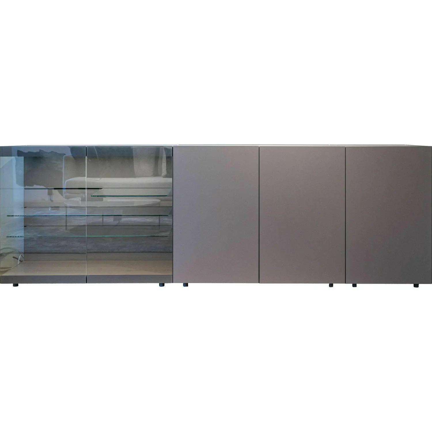 Interlübke Kommoden & Sideboards|Sideboard mit Vitrine Cube Light Lack Elephant M16 Glas Grauglas O75 Abdeckplatte Leder Quarz Grifflos